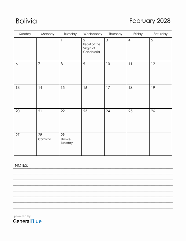 February 2028 Bolivia Calendar with Holidays (Sunday Start)