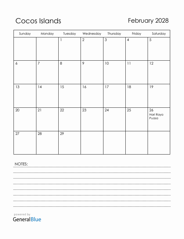 February 2028 Cocos Islands Calendar with Holidays (Sunday Start)