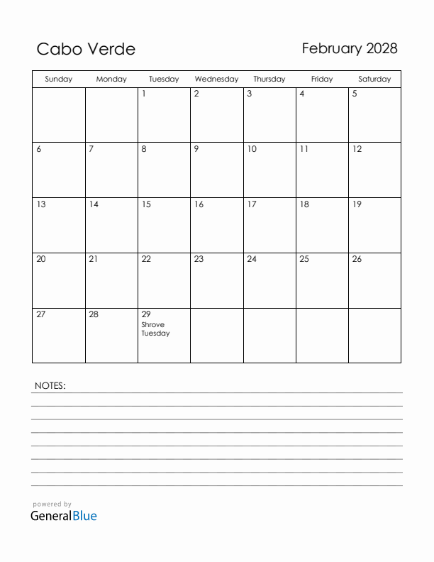 February 2028 Cabo Verde Calendar with Holidays (Sunday Start)