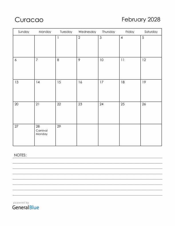 February 2028 Curacao Calendar with Holidays (Sunday Start)