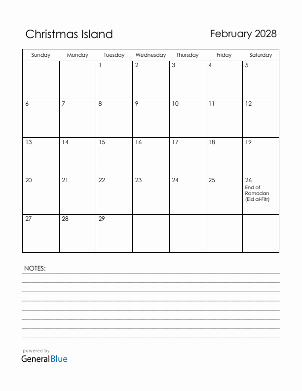February 2028 Christmas Island Calendar with Holidays (Sunday Start)