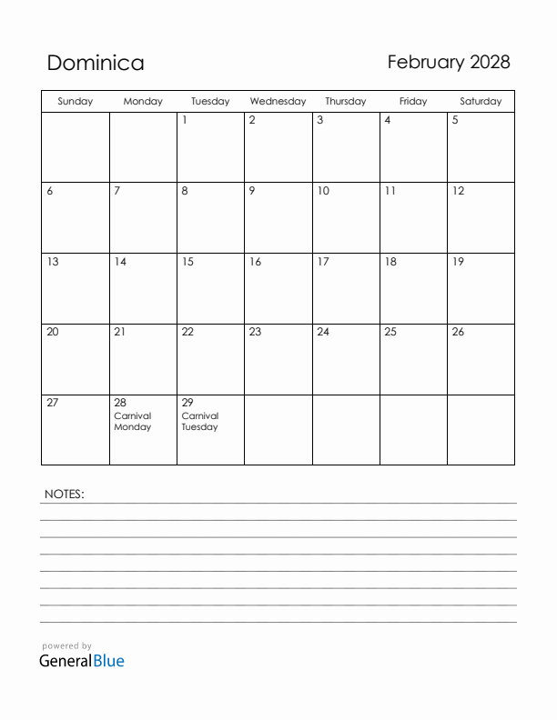 February 2028 Dominica Calendar with Holidays (Sunday Start)