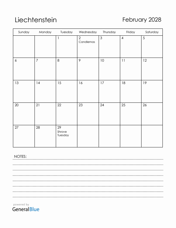February 2028 Liechtenstein Calendar with Holidays (Sunday Start)