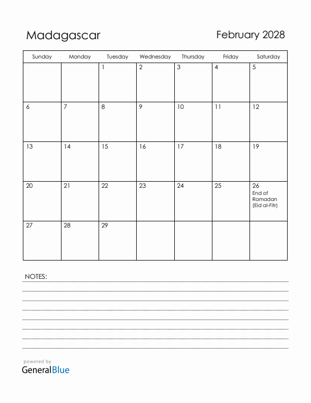 February 2028 Madagascar Calendar with Holidays (Sunday Start)