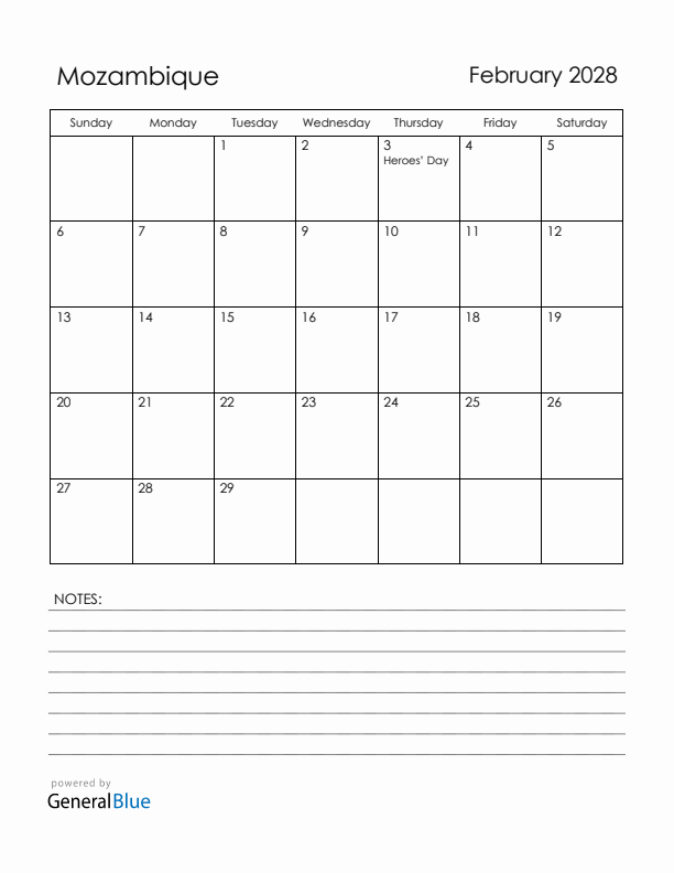 February 2028 Mozambique Calendar with Holidays (Sunday Start)