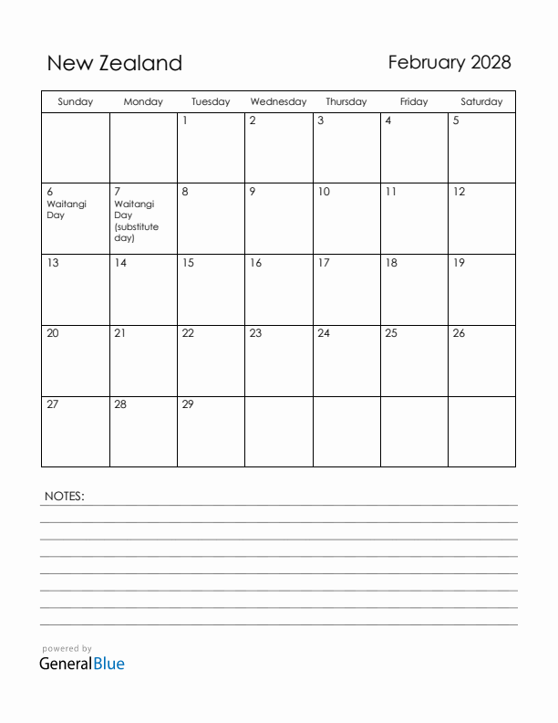 February 2028 New Zealand Calendar with Holidays (Sunday Start)