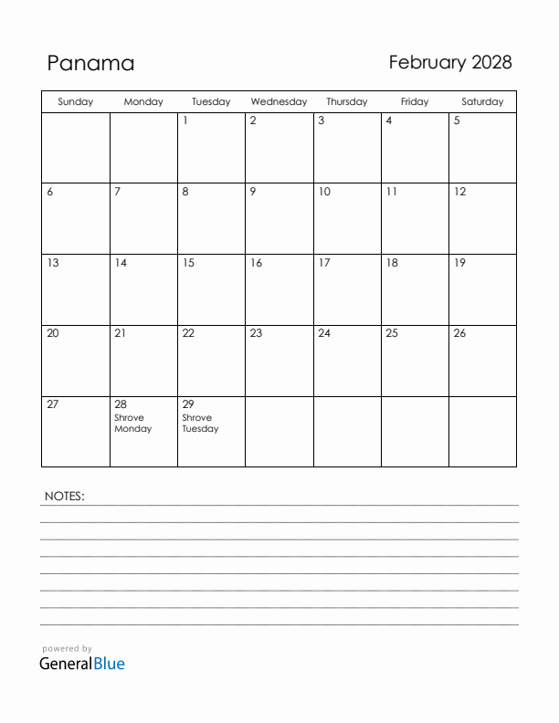 February 2028 Panama Calendar with Holidays (Sunday Start)
