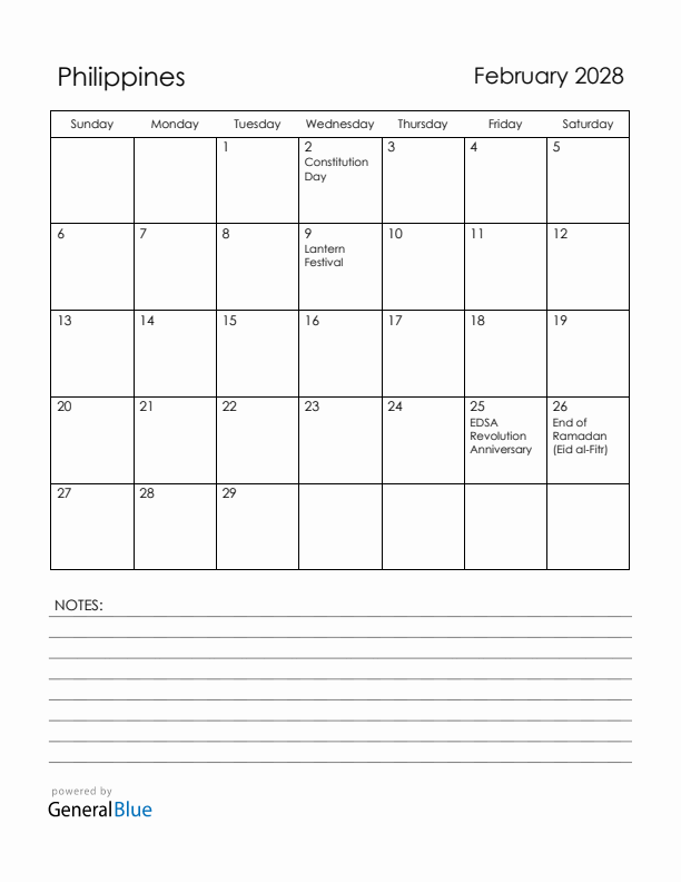 February 2028 Philippines Calendar with Holidays (Sunday Start)