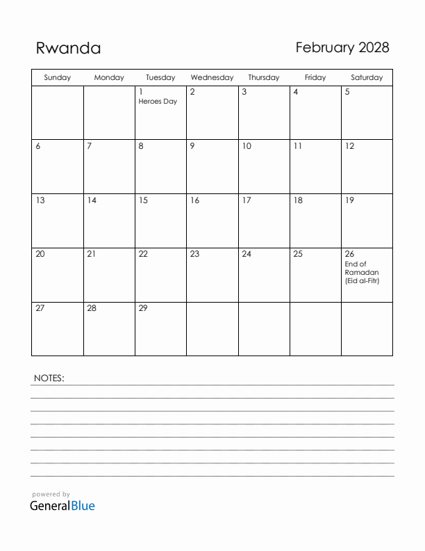 February 2028 Rwanda Calendar with Holidays (Sunday Start)