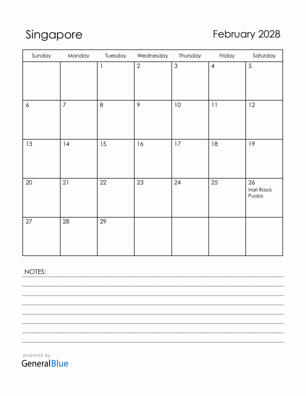 February 2028 Singapore Calendar with Holidays (Sunday Start)