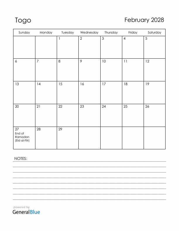 February 2028 Togo Calendar with Holidays (Sunday Start)