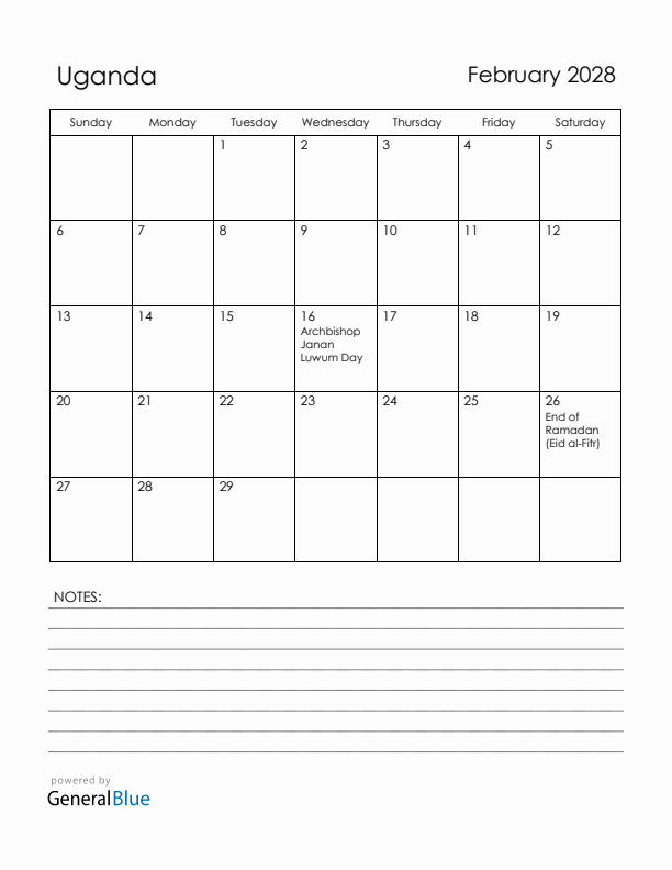 February 2028 Uganda Calendar with Holidays (Sunday Start)