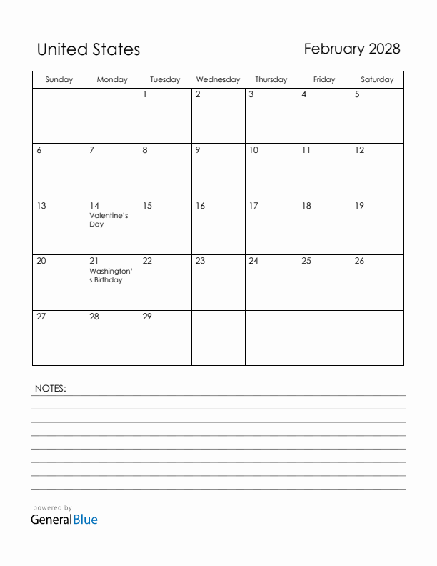 February 2028 United States Calendar with Holidays (Sunday Start)