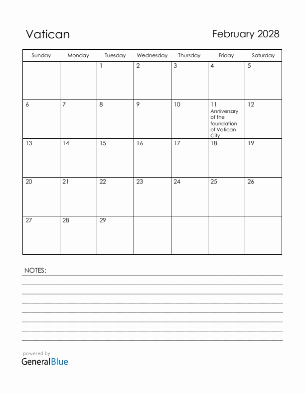 February 2028 Vatican Calendar with Holidays (Sunday Start)
