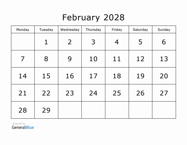 Printable February 2028 Calendar - Monday Start