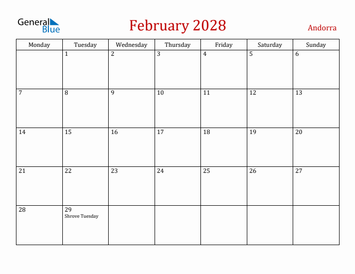 Andorra February 2028 Calendar - Monday Start
