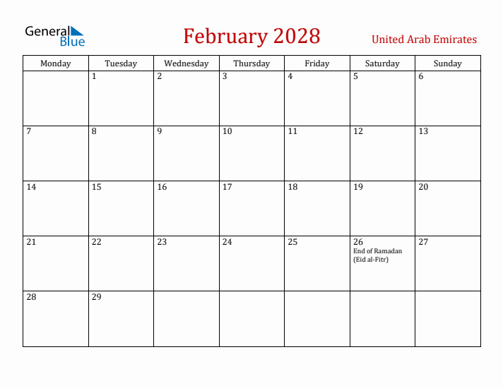 United Arab Emirates February 2028 Calendar - Monday Start