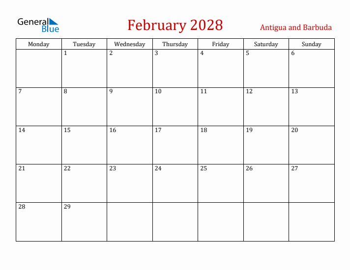 Antigua and Barbuda February 2028 Calendar - Monday Start