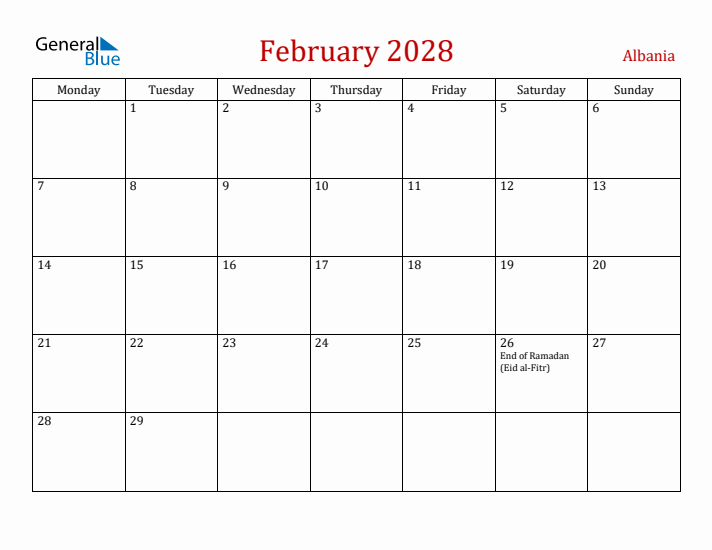 Albania February 2028 Calendar - Monday Start