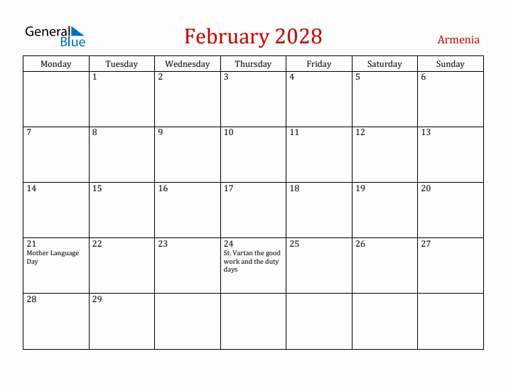 Armenia February 2028 Calendar - Monday Start