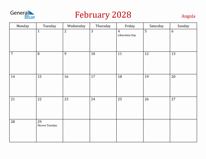 Angola February 2028 Calendar - Monday Start