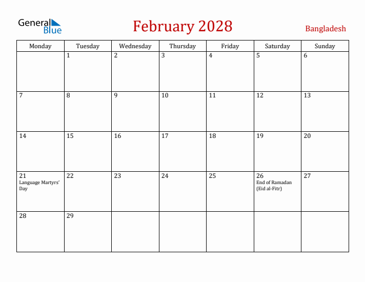 Bangladesh February 2028 Calendar - Monday Start