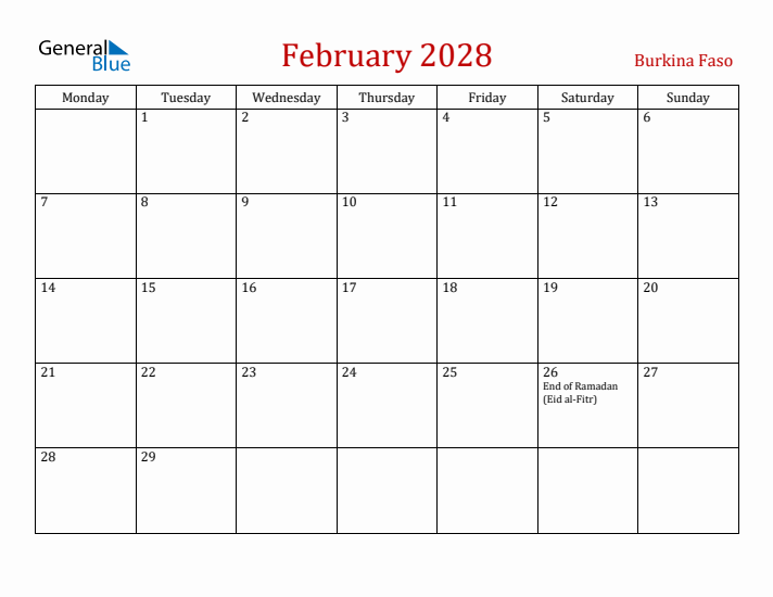 Burkina Faso February 2028 Calendar - Monday Start
