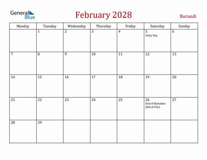 Burundi February 2028 Calendar - Monday Start