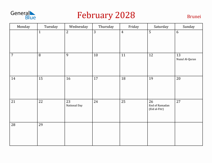 Brunei February 2028 Calendar - Monday Start