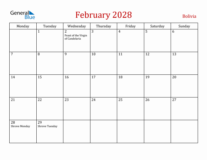 Bolivia February 2028 Calendar - Monday Start