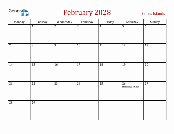 Cocos Islands February 2028 Calendar - Monday Start