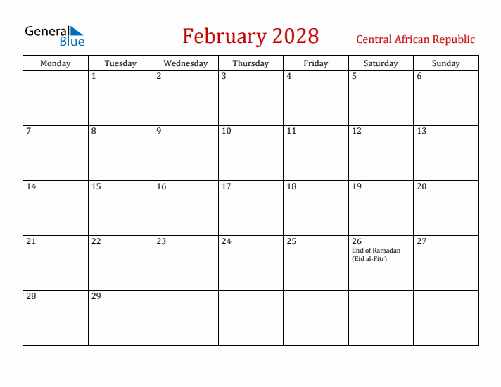 Central African Republic February 2028 Calendar - Monday Start