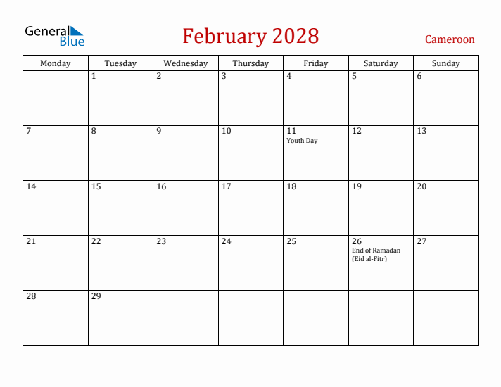 Cameroon February 2028 Calendar - Monday Start