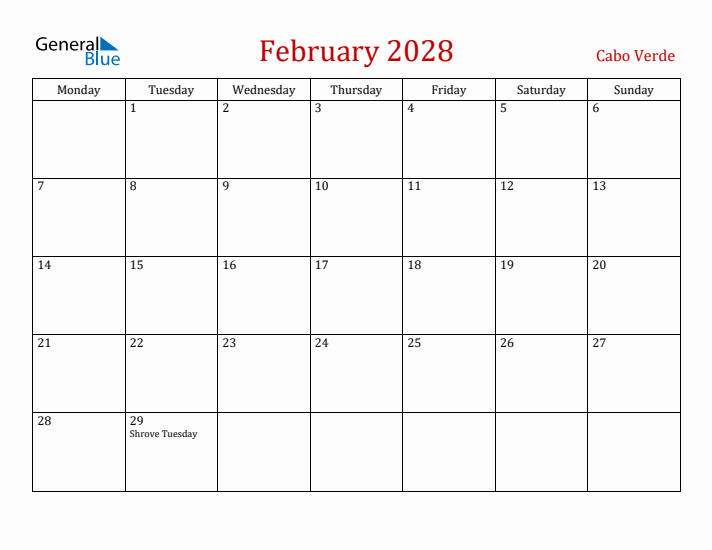 Cabo Verde February 2028 Calendar - Monday Start