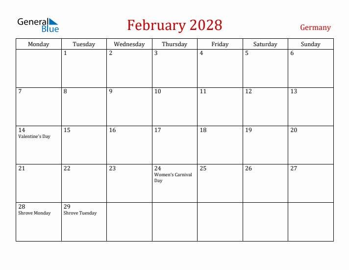 Germany February 2028 Calendar - Monday Start