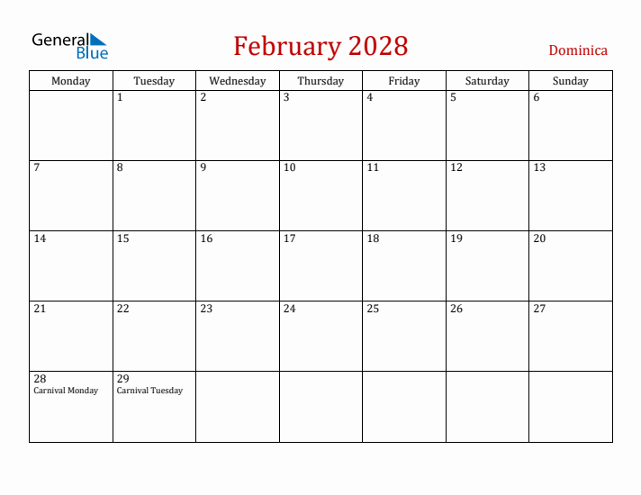 Dominica February 2028 Calendar - Monday Start
