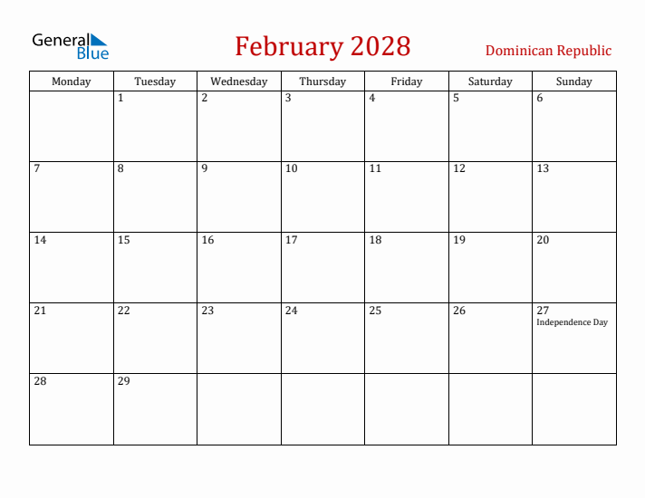 Dominican Republic February 2028 Calendar - Monday Start