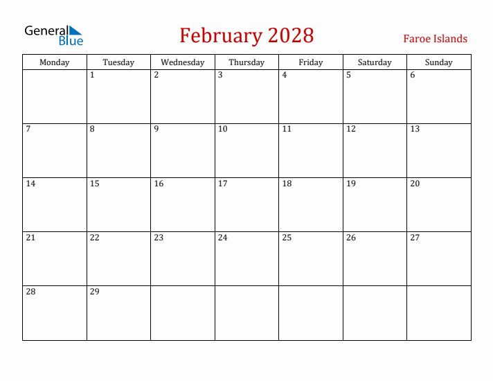 Faroe Islands February 2028 Calendar - Monday Start