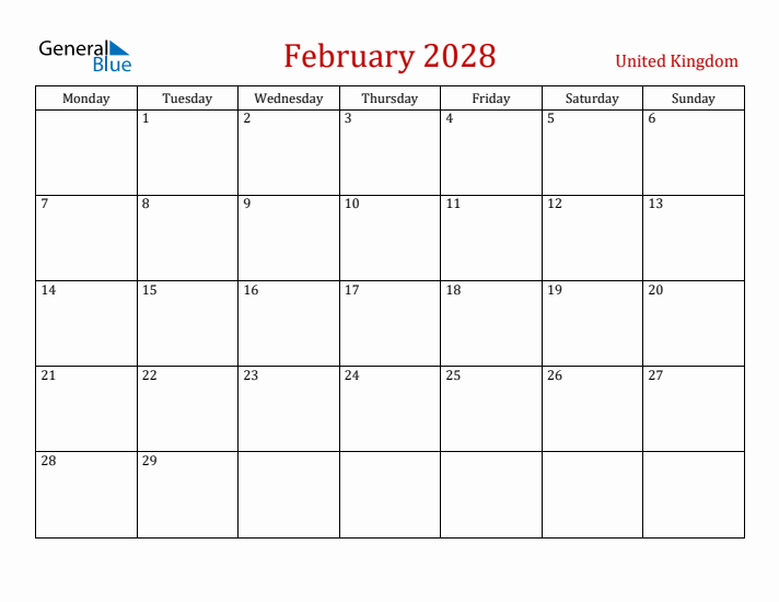 United Kingdom February 2028 Calendar - Monday Start