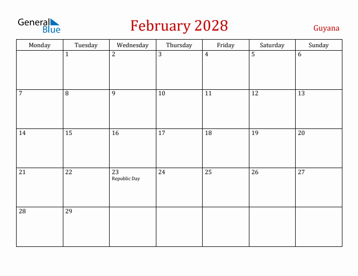 Guyana February 2028 Calendar - Monday Start