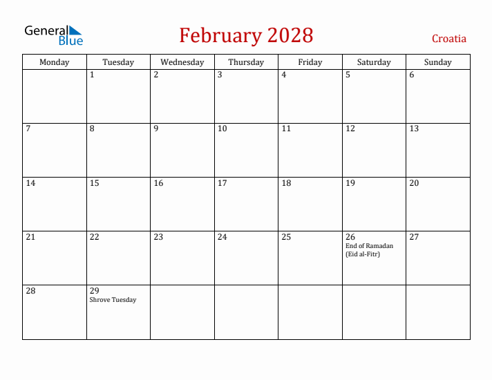 Croatia February 2028 Calendar - Monday Start