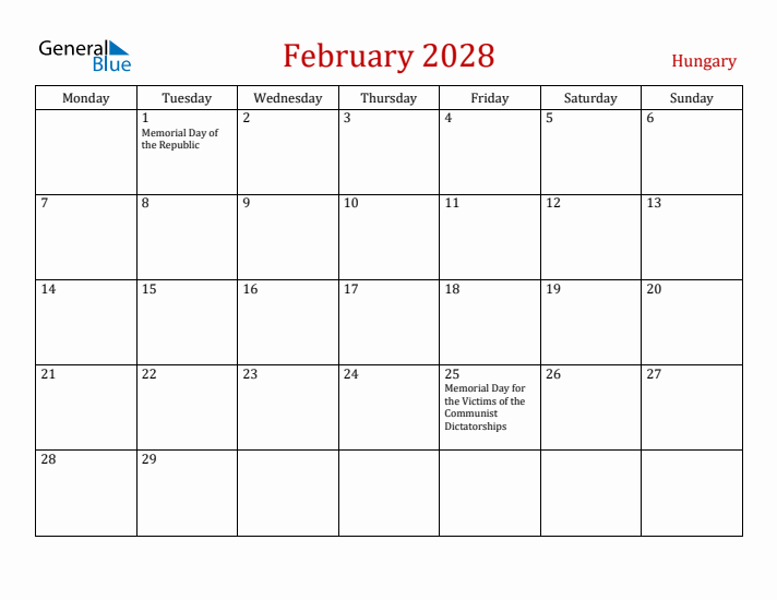 Hungary February 2028 Calendar - Monday Start