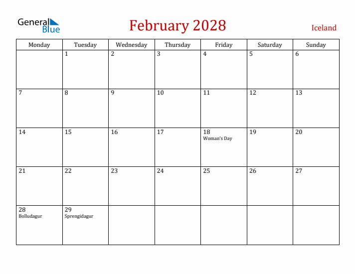 Iceland February 2028 Calendar - Monday Start