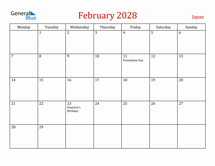 Japan February 2028 Calendar - Monday Start
