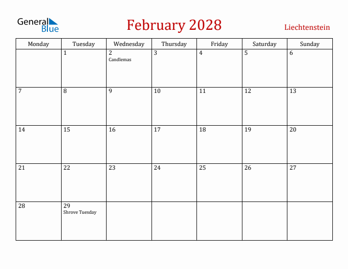 Liechtenstein February 2028 Calendar - Monday Start