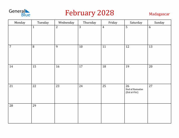 Madagascar February 2028 Calendar - Monday Start
