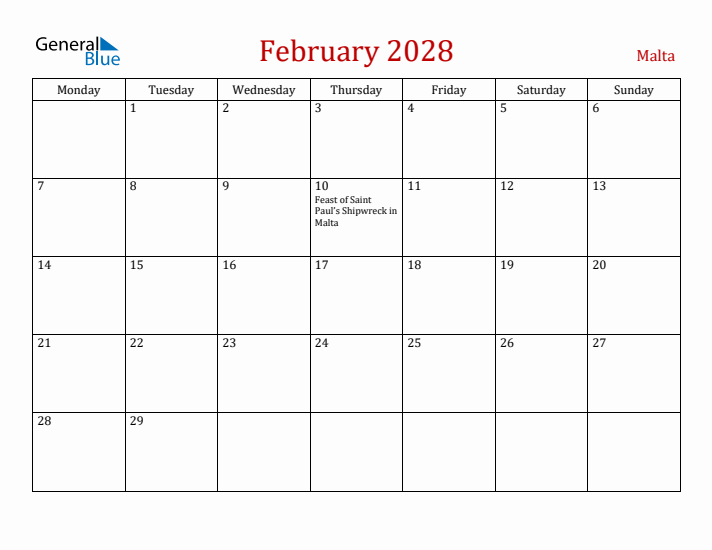 Malta February 2028 Calendar - Monday Start