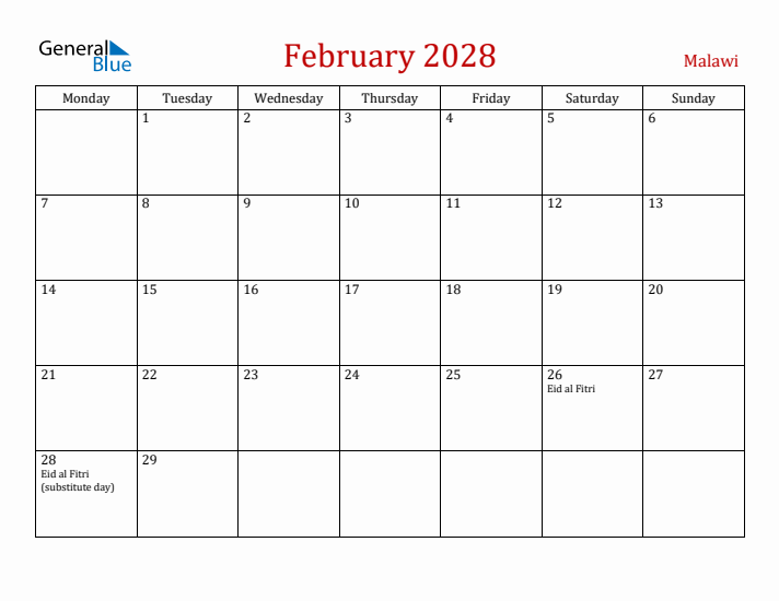 Malawi February 2028 Calendar - Monday Start