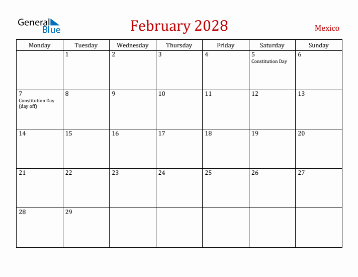 Mexico February 2028 Calendar - Monday Start