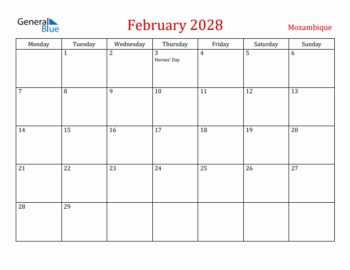 Mozambique February 2028 Calendar - Monday Start